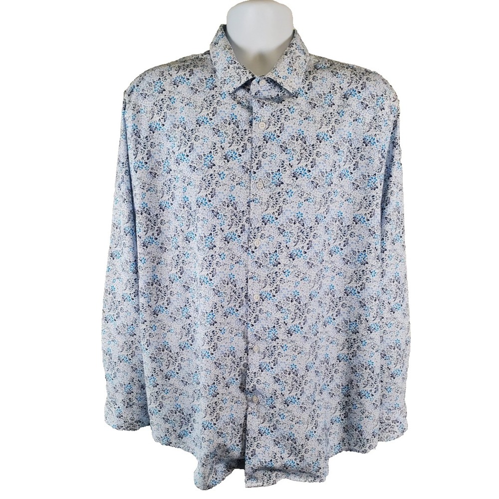 Report Collection X4 Mens Shirt XL White Blue Floral Stretch Slim Fit